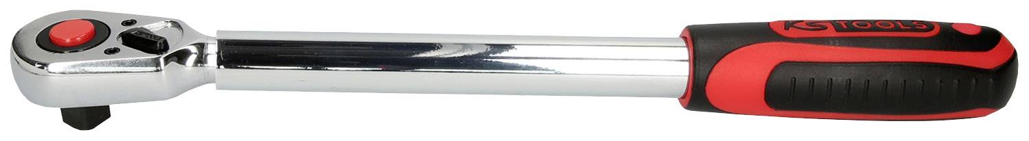 Srebrny klucz dynamometryczny z czarną i czerwoną rękojeścią, używany do precyzyjnego dokręcania śrub i śrub.