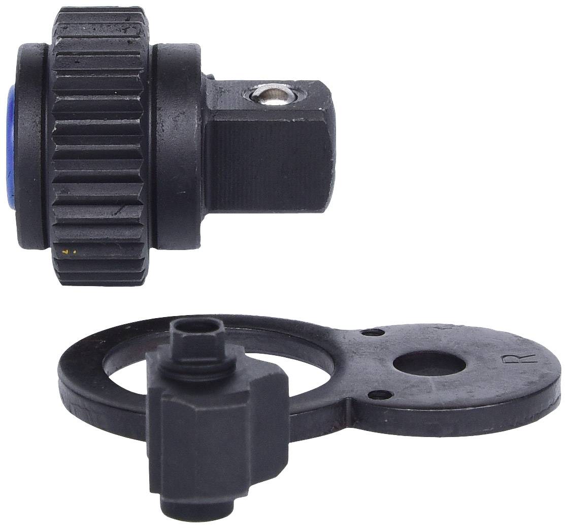 'Dwie czarne mechaniczne części. Górna część posiada kółko z żeberkami, dolna jest płaska z mocowaniem.'