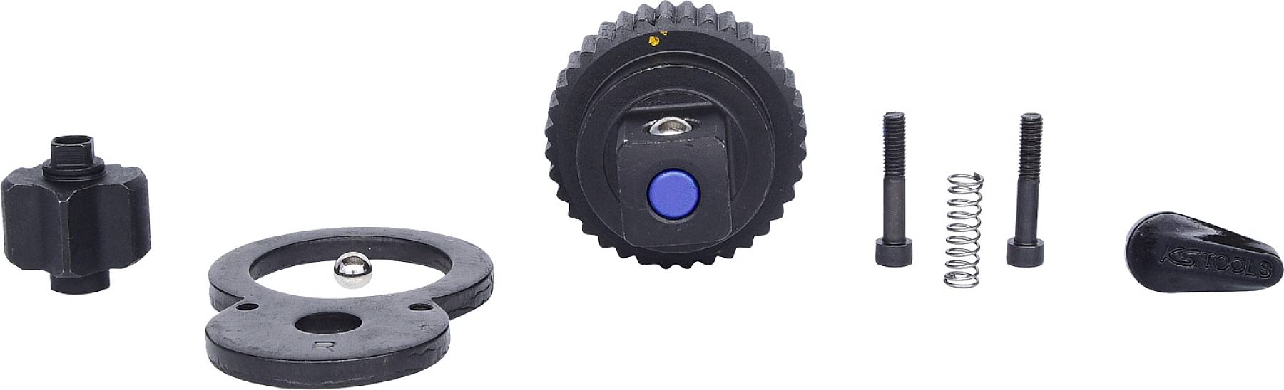 Kilka komponentów roweru, w tym adapter, śruba ze sprężyną, niebieski pokrętło oraz pozostałe akcesoria.