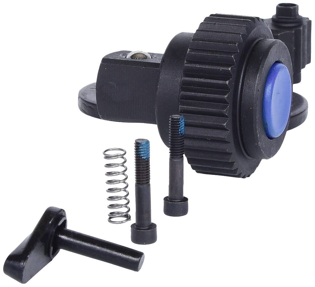 Czarna i niebieska mechaniczna część roweru z śrubami, sprężyną i uchwytem kabla, najprawdopodobniej przeznaczona do montażu lub regulacji komponentów.