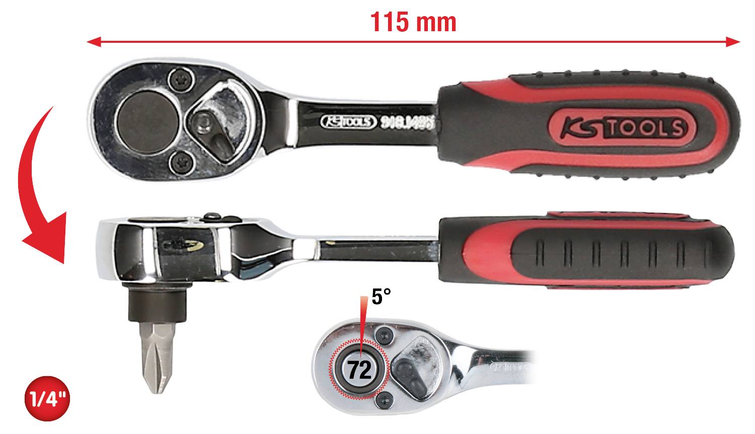 Grzechotka o długości 115 mm z 72 zębami, z czerwonymi i czarnymi uchwytami. Posiada adapter 1/4" do bitów i kąt nachylenia 5°.