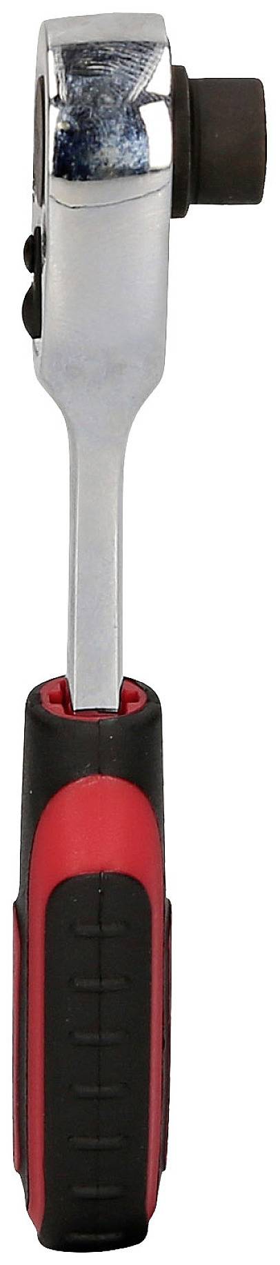 Srebrna grzechotka z czarnym i czerwonym uchwytem, przedstawiona z boku. Narzędzie służące do dokręcania nakrętek.