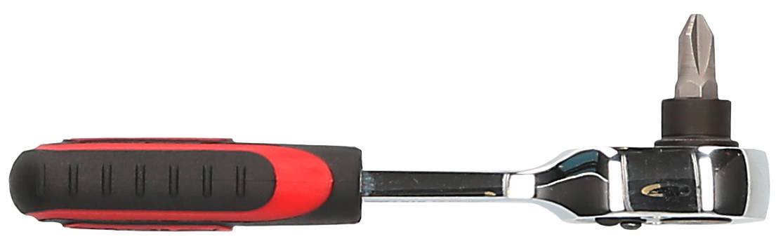 Klucz nasadowy z grzechotką z uchwytem w kolorach czerwono-czarnym, z wkrętak krzyżowym wsadzonym po prawej stronie.