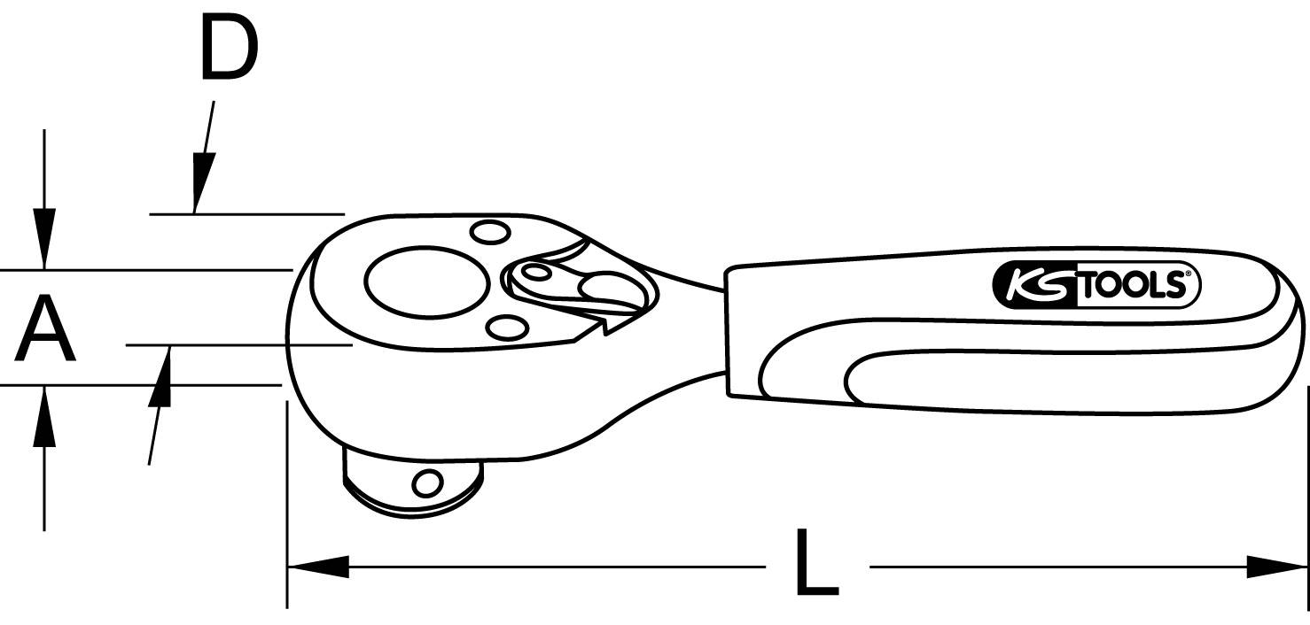 Rysunek klucza warsztatowego z oznaczonymi wymiarami: długość (L), szerokość (A) oraz głębokość (D). Nazwa marki 'KS Tools' na rękojeści.