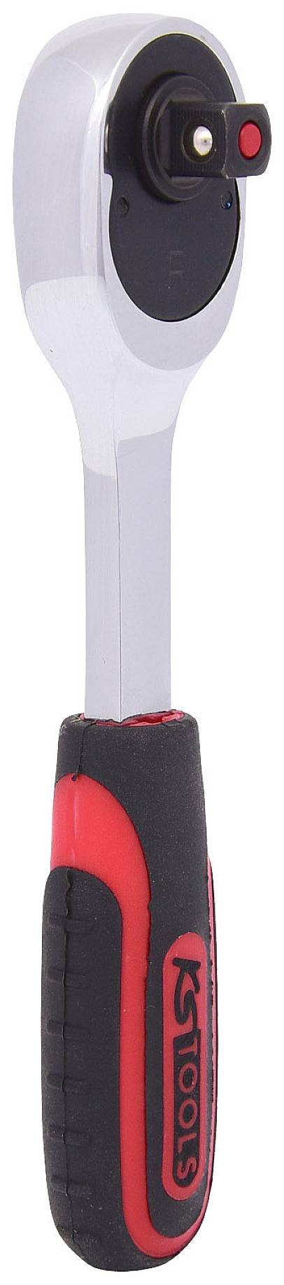 Grzechotka z ergonomicznym uchwytem, w kolorze srebrnym, czarnym i czerwonym, odpowiednia do różnych rozmiarów nasadek i prac ślusarskich.