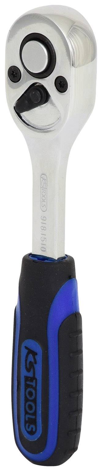 Grzechotka z niebiesko-czarnym uchwytem, wykonana z metalu i tworzywa sztucznego, przeznaczona do prac mechanicznych.