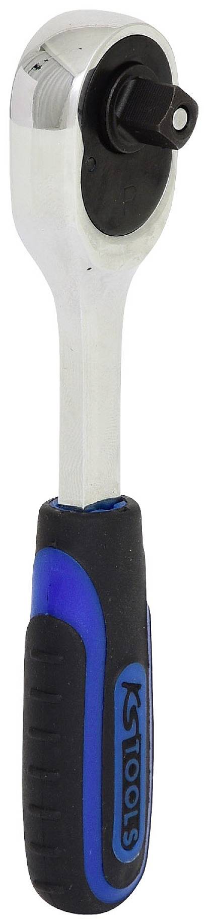 Srebrno-niebieska grzechotka z czarnym uchwytem, przydatna do dokręcania lub odkręcania śrub i nakrętek.