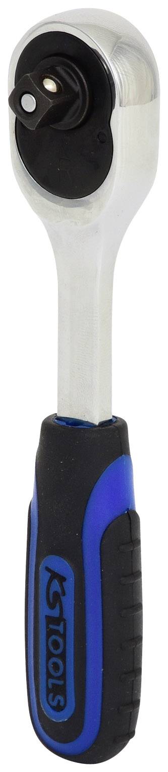 Klucz płasko-oczkowy z mechanizmem zapadkowym o czarnej i niebieskiej rękojeści, przeznaczony do prac mechanicznych, do dokręcania i odkręcania śrub.