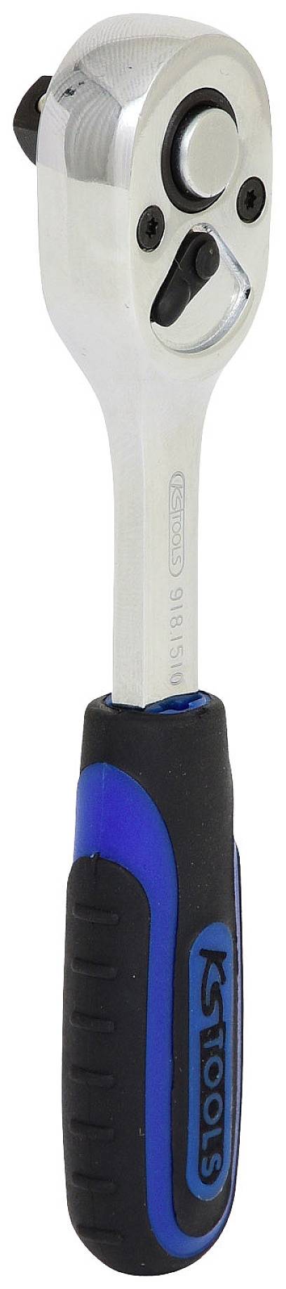 Srebrny i niebieski klucz z grzechotką z ergonomicznym uchwytem, przeznaczony do prac mechanicznych. Nazwa marki widoczna na uchwycie.