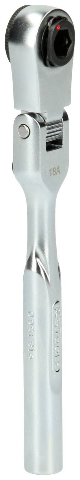 Srebrny klucz grzechotka z ergonomicznym uchwytem, używany do prac mechanicznych oraz dokręcania lub odkręcania połączeń śrubowych.