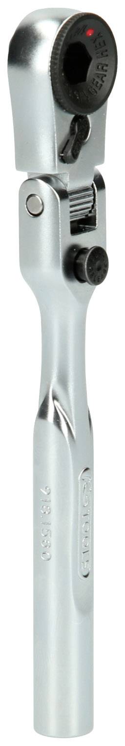 Srebrny klucz grzechotka z regulowaną główką i małą dźwignią do zmiany kierunku.