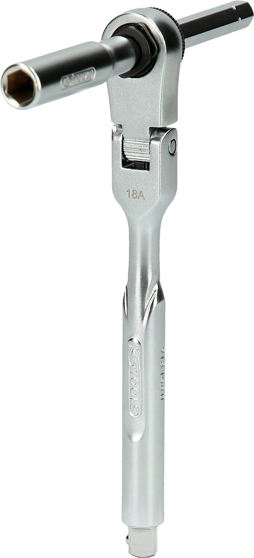 Grzechotka z regulowaną głowicą i podstawą. Smukła, srebrna konstrukcja z ergonomicznym uchwytem do precyzyjnej pracy w ciasnych przestrzeniach.