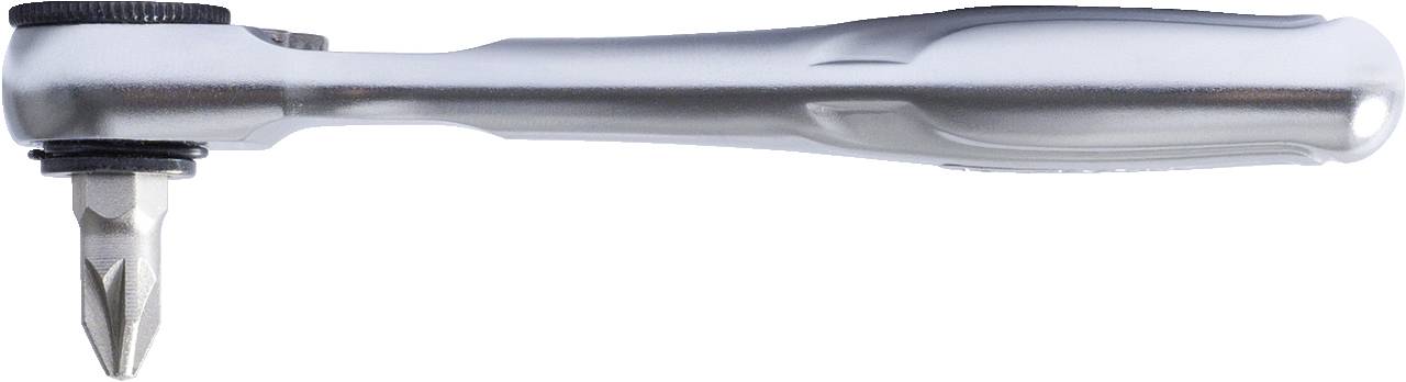 Srebrne narzędzie zapadkowe z końcówką krzyżakową, przedstawione z boku; przeznaczone do ręcznych prac śrubowych.