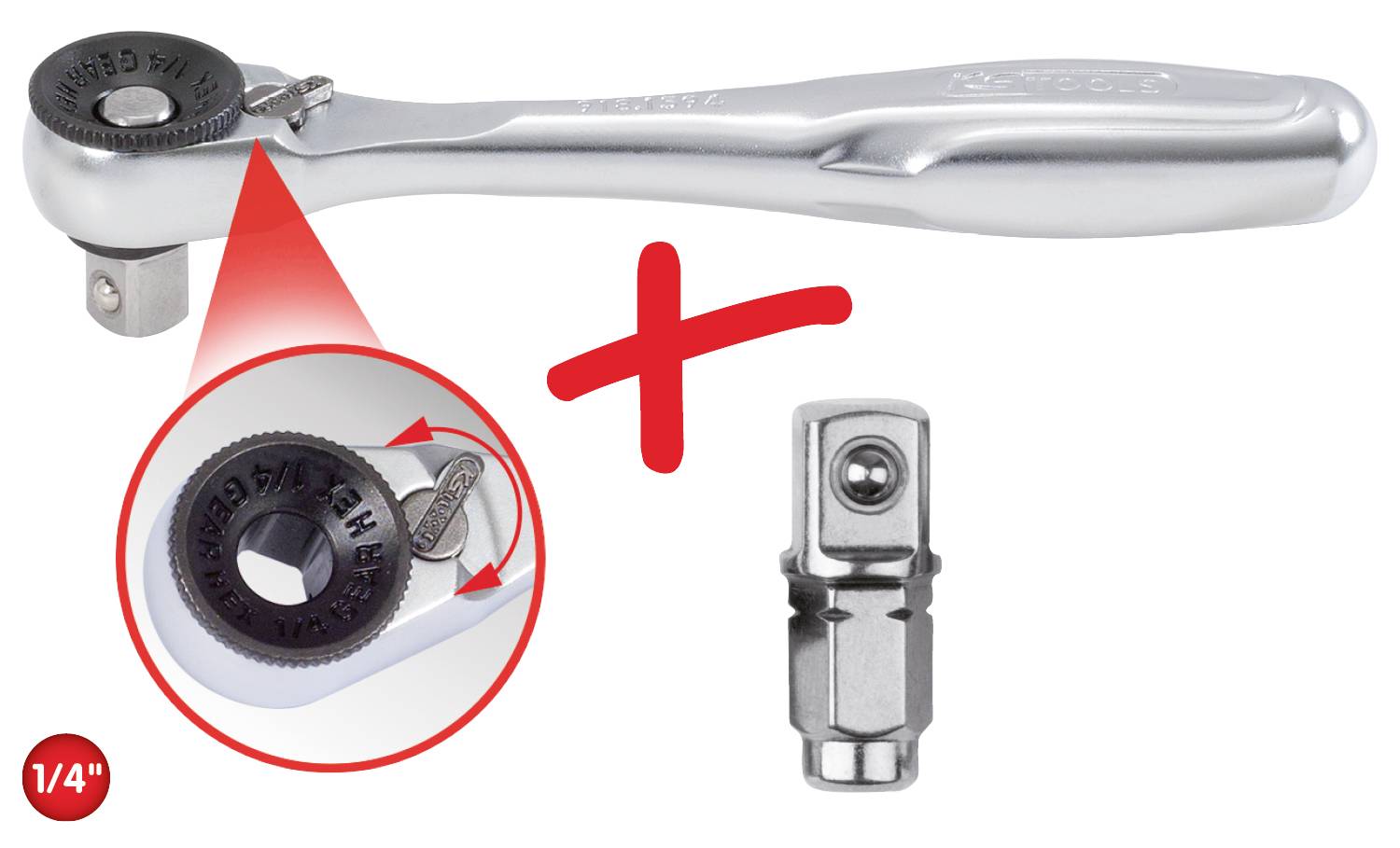 Klucz z grzechotką i adapter nasadowy, chromowany, z powiększonym napisem '1/4"' do precyzyjnych prac ślusarskich.