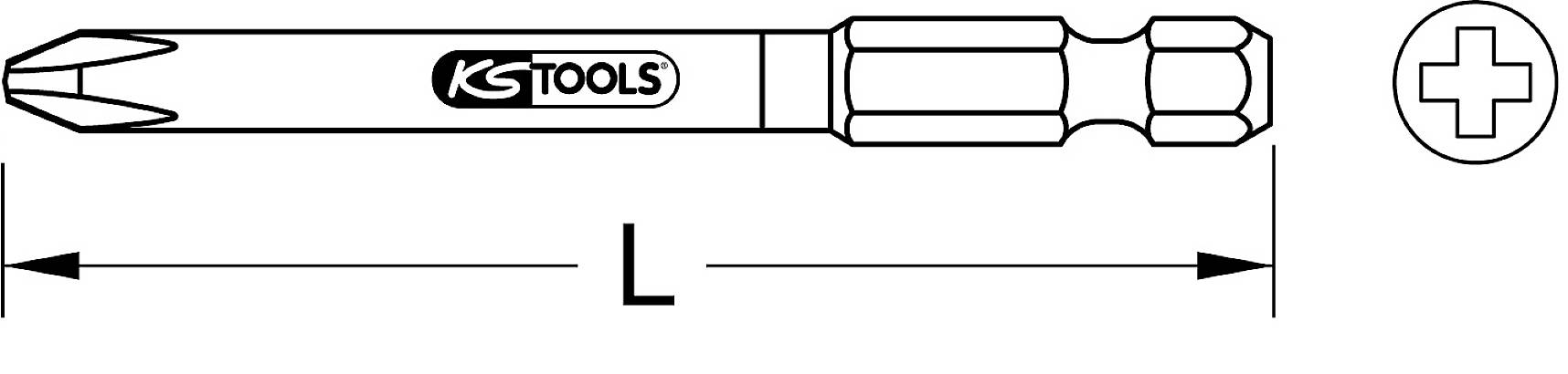 Ilustracja końcówki śrubokrętowej Phillips z rowkiem krzyżowym, oznaczona napisem 'KS TOOLS'. Długość oznaczona jest literą 'L'.