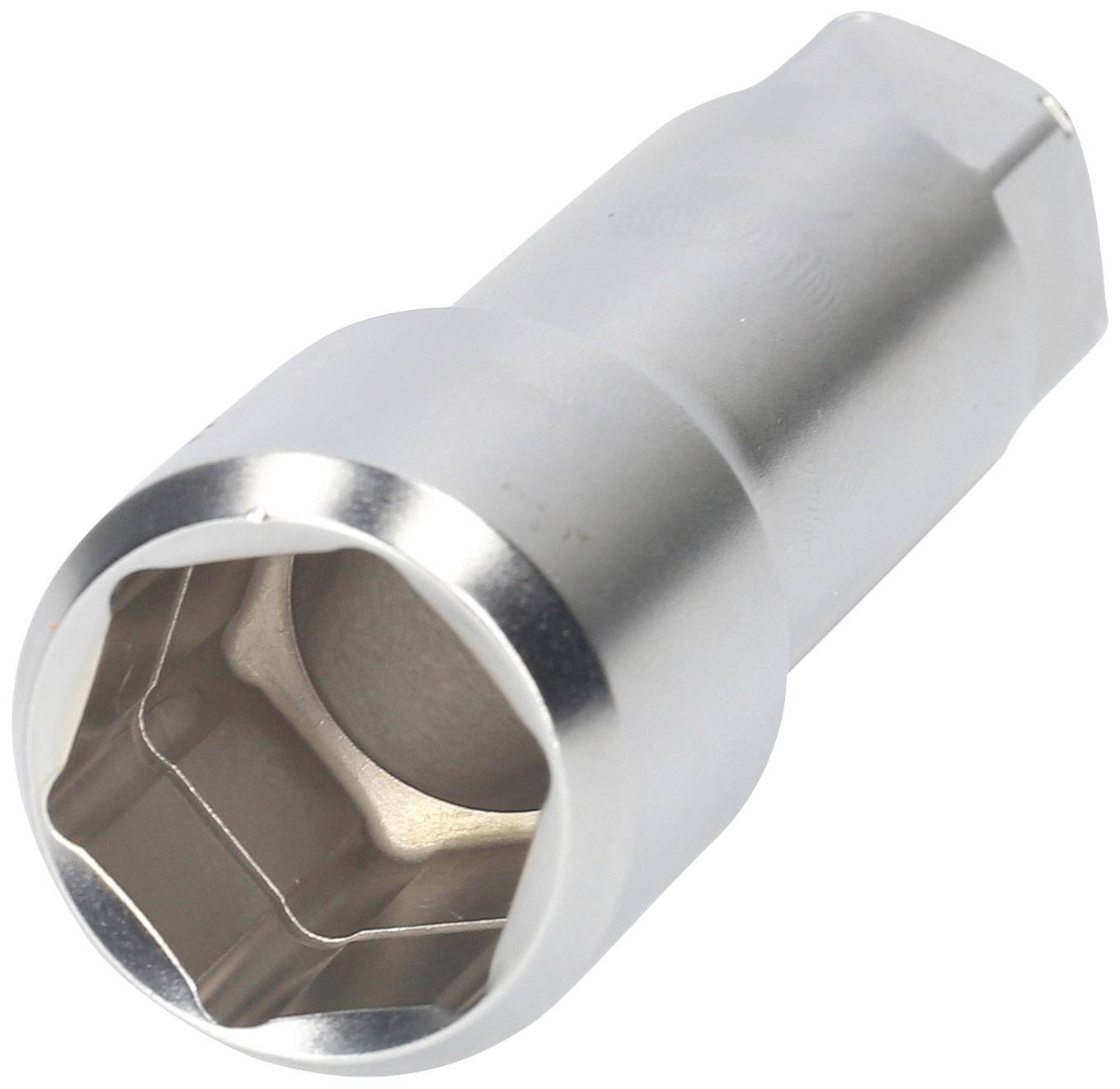 Srebrny klucz nasadowy, odpowiedni do poluzowywania lub dokręcania elementów połączeniowych przypominających śruby.