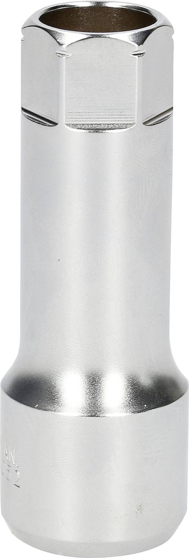 Srebrny, cylindryczny nasadowy klucz nasadowy z sześciokątnym zakończeniem, powszechnie stosowany do dokręcania lub odkręcania śrub lub nakrętek.