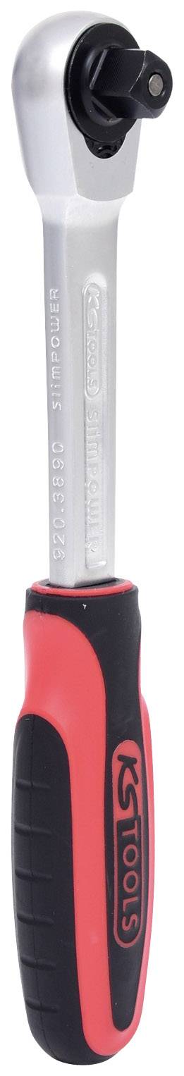 Klucz nasadowy z czerwonym i czarnym uchwytem. Metalowa głowica posiada złącze do nasadzania końcówek klucza.