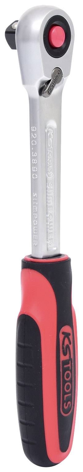 Grzechotka z czerwoną i czarną rączką, metalowa głowica, czerwony przycisk, marka 'KS Tools'. Odpowiednia do prac rzemieślniczych i napraw.