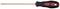 Wkrętak ze śczerwoną i czarną rękojeścią oraz długim, prostym trzpieniem, odpowiedni do wkrętek płaskich.