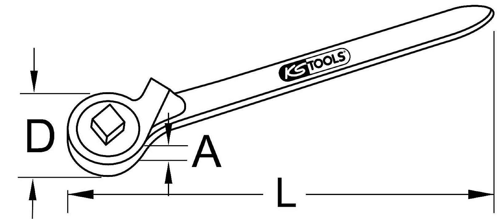 Ilustracja klucza nasadowego firmy KS Tools, przedstawiająca całkowitą długość 'L', średnicę głowicy 'D' oraz rozstaw klucza 'A'.