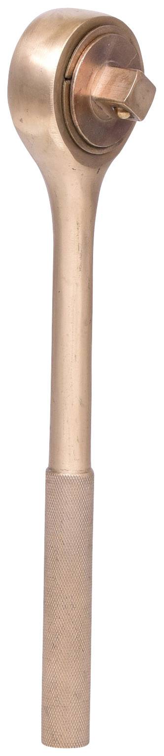 Klucz nasadowy z metalowym łbem o okrągłym kształcie i żebrowanym uchwycie, często stosowany podczas pracy z nakrętkami lub śrubami.