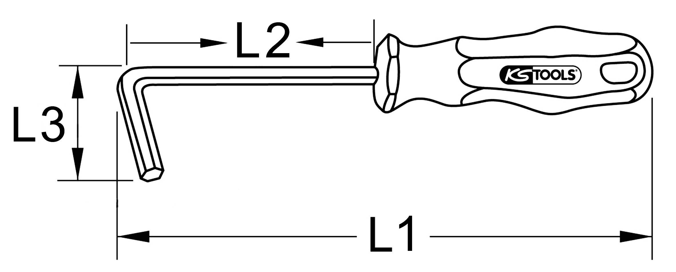 Rysunek techniczny wkrętaka kątowego z wymiarami L1, L2 i L3, ergonomiczny uchwyt z logo.