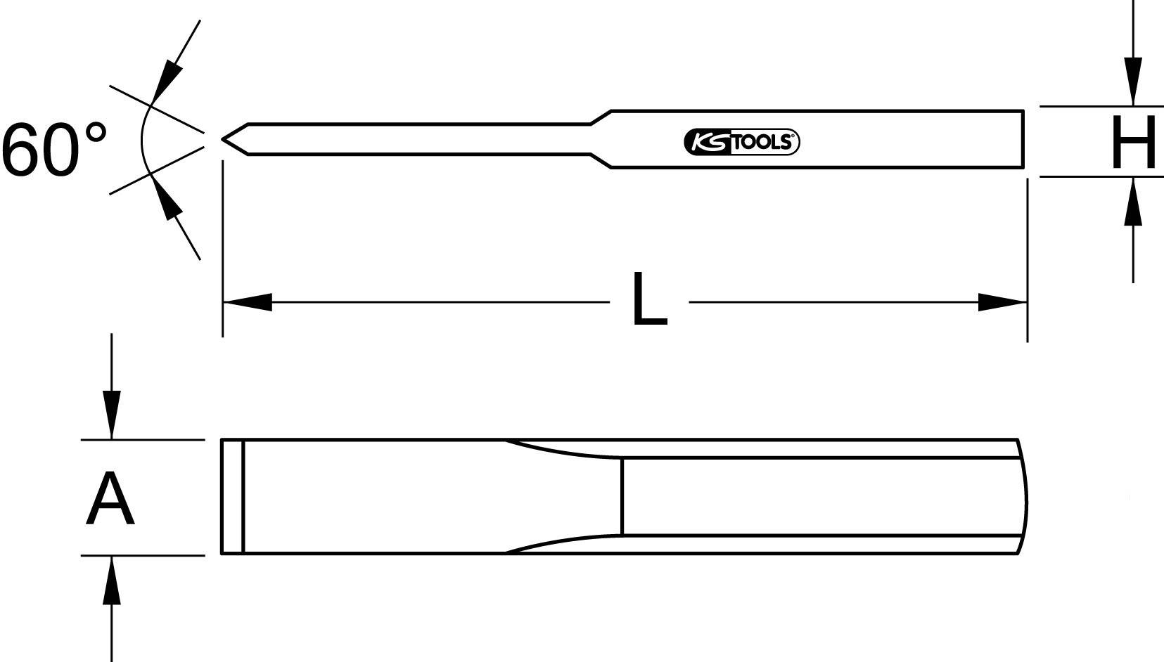 Rysunek 60-stopniowego wiertła z oznaczeniem długości "L", szerokości główki "A" i szerokości "H". Na rękojeści widoczna jest marka 'KS Tools'.