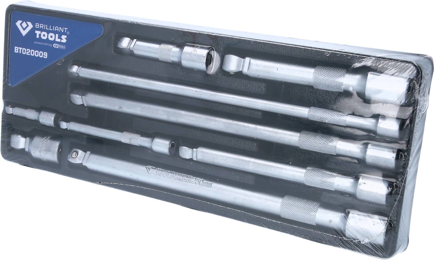 Zestaw sześciu srebrnych przedłużek do narzędzi, starannie ułożonych w plastikowym opakowaniu, z logo marki w lewym górnym rogu.