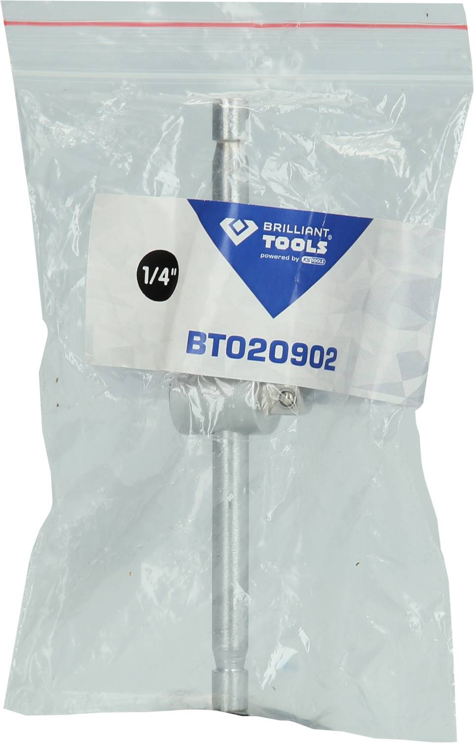 Zapakowany produkt z napisem 'BRILLIANT TOOLS', 'BTO20902' oraz '1/4''', w przezroczystej plastikowej torebce.