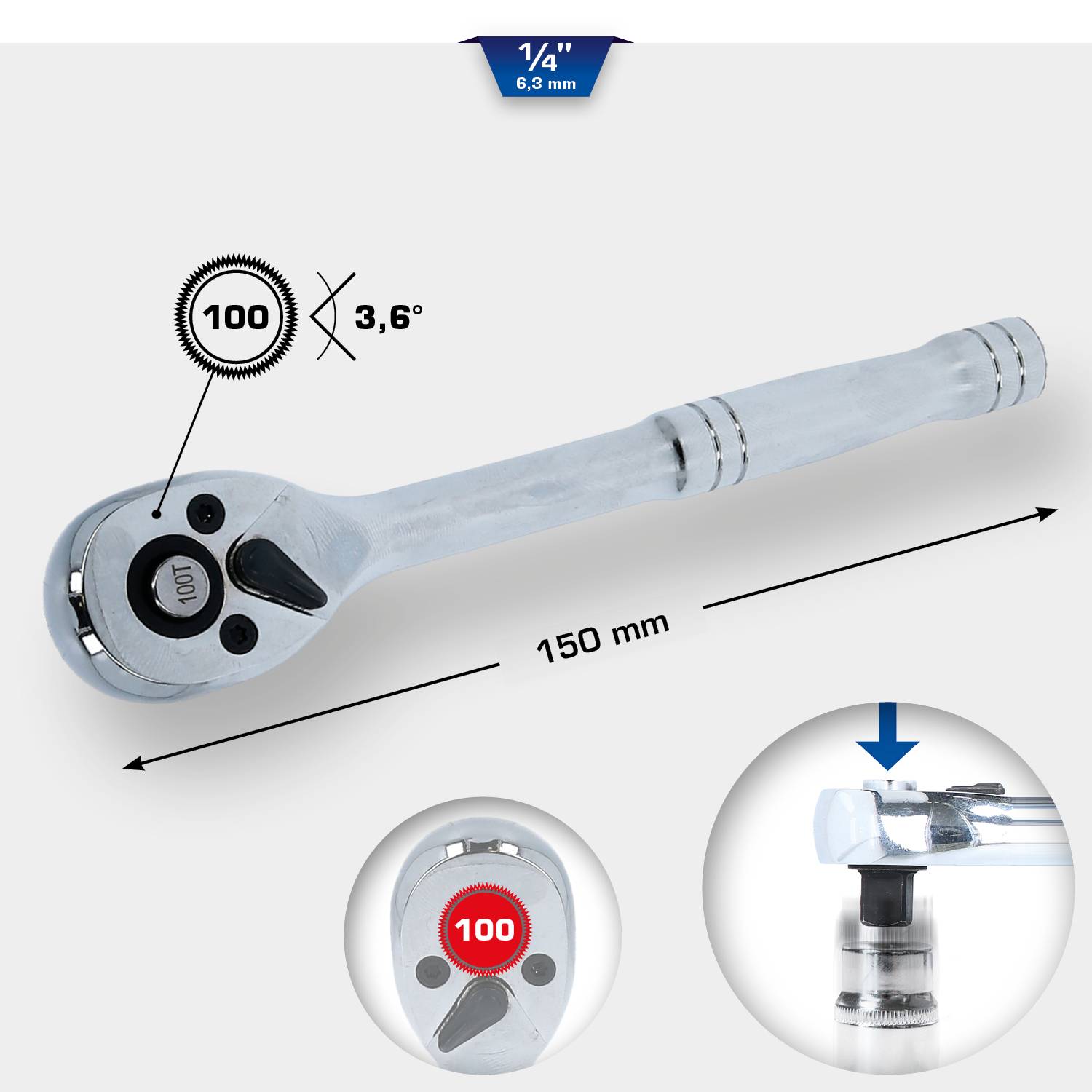 Grzechotka z napędem 1/4 cala (6,3 mm). Obrót o 3,6 stopnia. Długość: 150 mm. Widok szczegółowy mechanizmu i kąta obrotu.