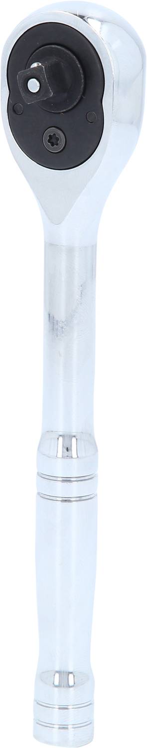 Srebrny klucz z grzechotką i czarną ruchomą głowicą.