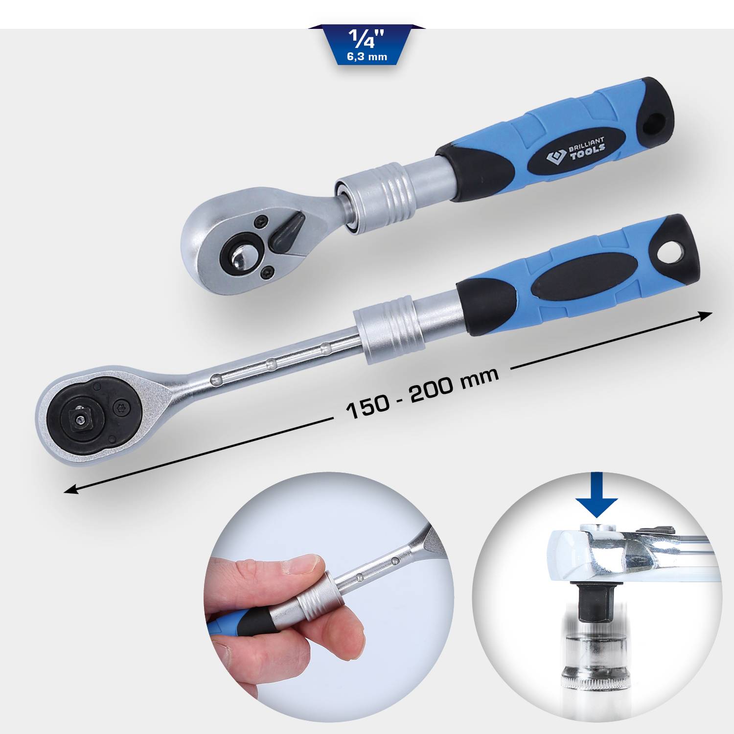 Dwie regulowane grzechotki z kluczami nasadowymi z gumowanymi uchwytami, obejmujące zakres wielkości 150-200 mm i posiadające funkcję momentu obrotowego.