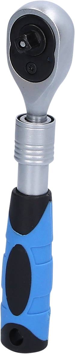 Metalowa grzechotka z niebieskim uchwytem, odpowiednia do ręcznych prac ślusarskich. Głowica jest obrotowa i posiada kwadratowe mocowanie.