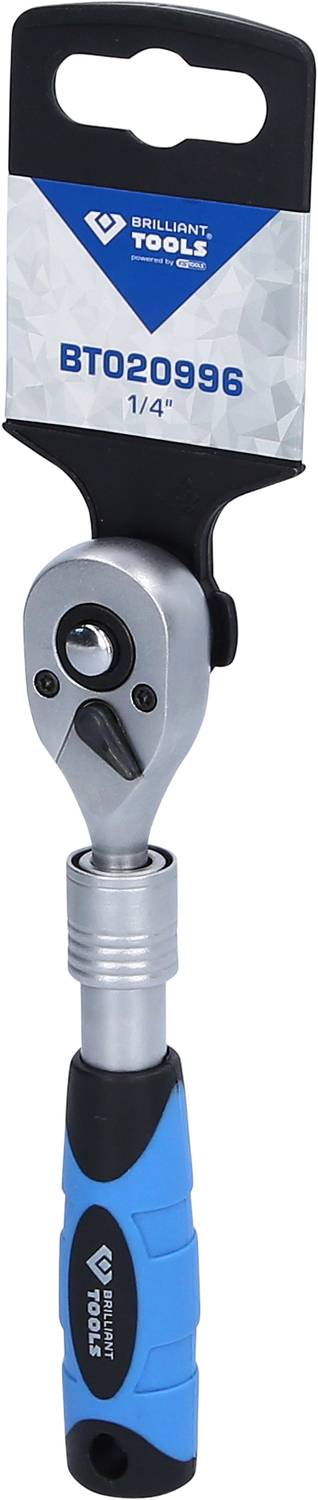 Grzechotka z ergonomicznym uchwytem i etykietą produktu z napisem 'BT020996 1/4"', przeznaczona do zastosowań rzemieślniczych.