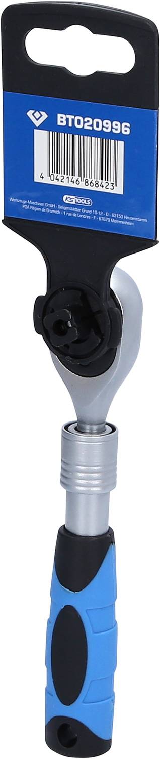 Krótki klucz płasko-oczkowy z ergonomicznym uchwytem w kolorze niebiesko-czarnym oraz opakowaniem produktu o numerze 'BT020996'.