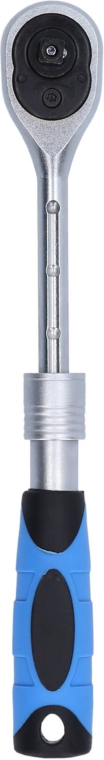 Srebrny pistolet z uchwytem w kolorze niebiesko-czarnym. Ma okrągłą głowicę z dźwignią zmiany kierunku obrotów.