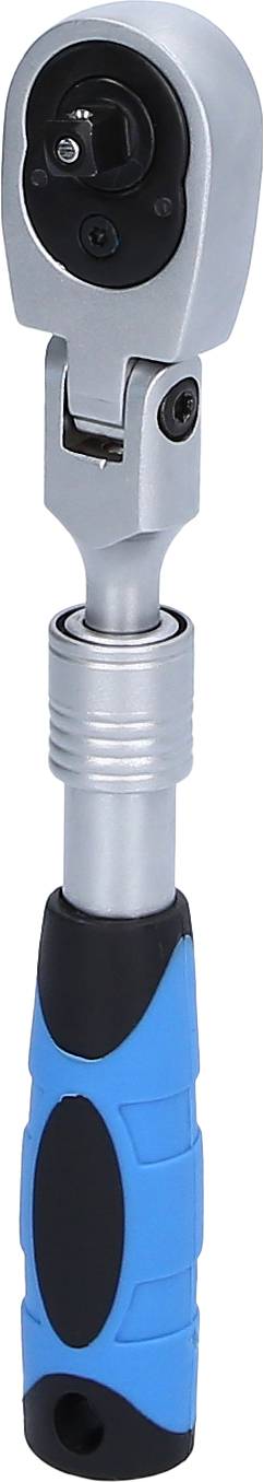 Srebrny klucz grzechotka z niebiesko-czarnym uchwytem, odpowiedni do prac mechanicznych.