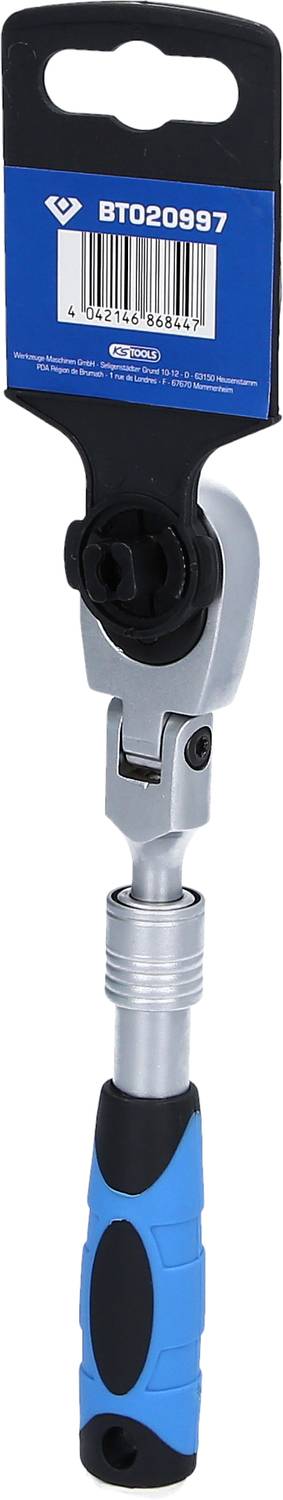 Nastawialny klucz z grzechotką z uchwytem w kolorze niebiesko-czarnym oraz opakowanie produktu z oznaczeniem 'BT020997'.