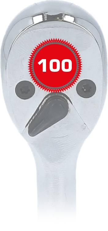 Srebrna grzechotka z czerwonym kołem zębatym, na którym widnieje biała liczba '100'.