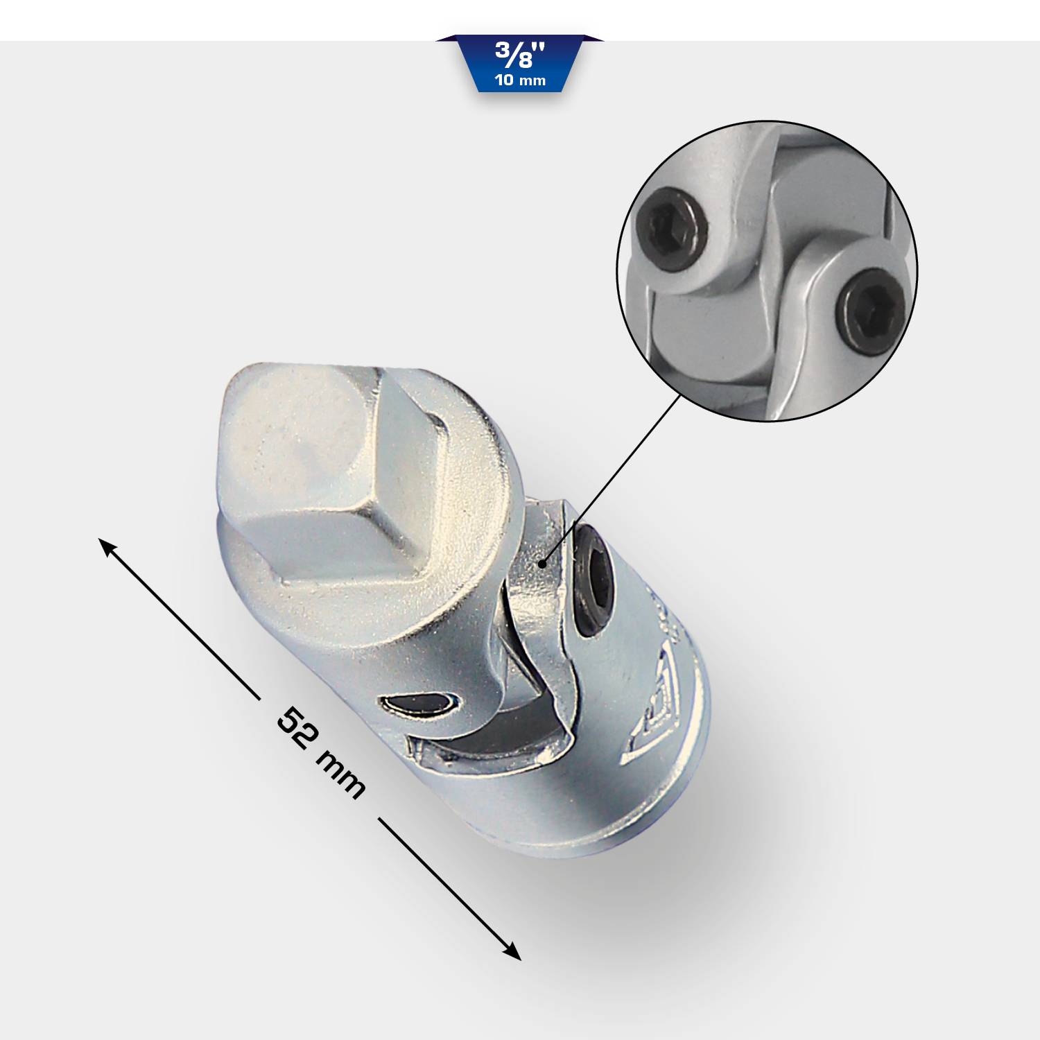 Srebrny adapter do nasadek o wymiarach 52 mm. Szczegółowo prezentuje solidną konstrukcję i śruby. Kompatybilny z napędem 3/8 cala.