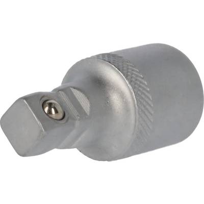 Metalowy adapter z mechanizmem zapadkowym, o kształcie cylindrycznym, w kolorze srebrnym, odpowiedni do narzędzi takich jak klucze lub grzechotki.