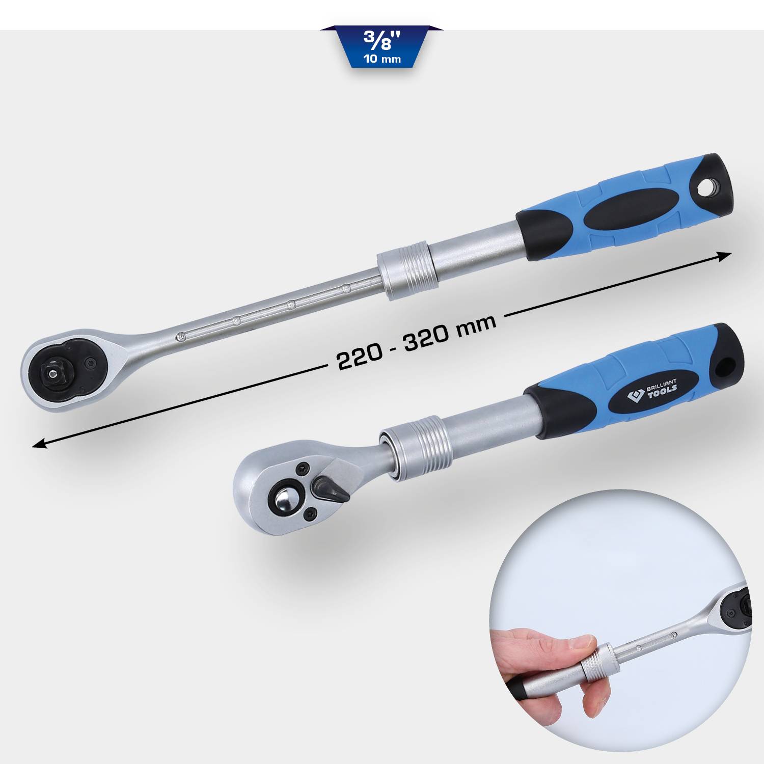 Teleskop-klucz rozsuwanym od 220 do 320 mm, z gumowanymi uchwytami dla lepszego chwytu. Powyżej rozmiar klucza 3/8 cala, 10 mm szerokość szczęk.
