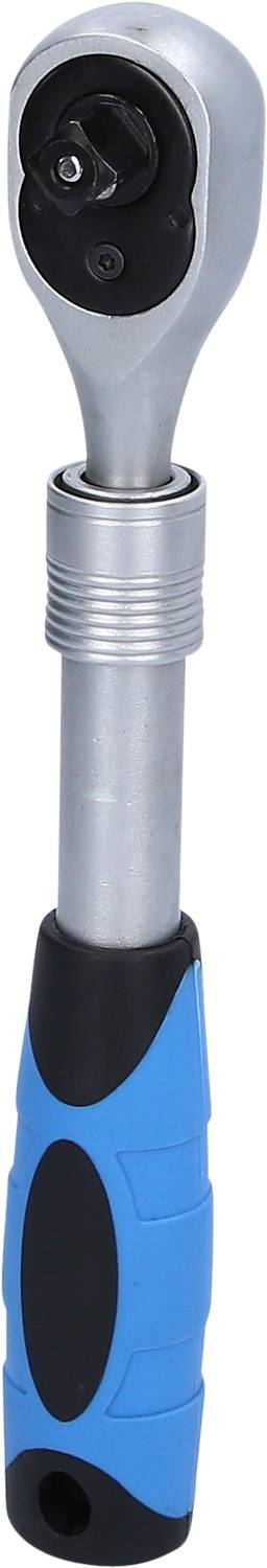 Klucz płaski z uchwytem w kolorze niebiesko-czarnym i srebrną grzechotką, odpowiedni do prac mechanicznych.