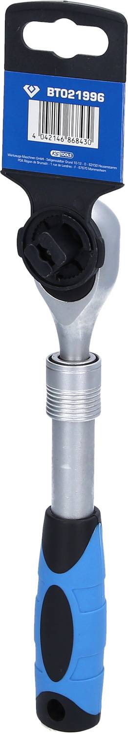 Klucz z mechanizmem zapadkowym z uchwytem w kolorze niebiesko-czarnym, u góry opakowanie produktu z kodem kreskowym i numerem 'BT021996'.