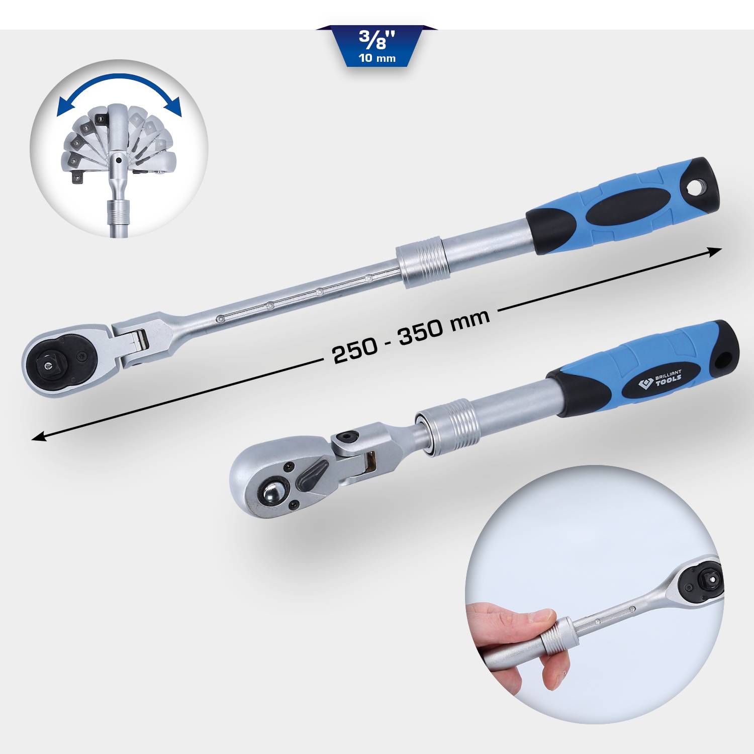 Teleskop-klucz z regulowaną długością (250-350 mm) i obrotową głowicą. Prezentacja zastosowania w ręce z niebieskim uchwytem.