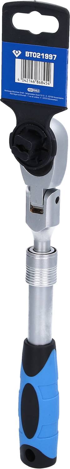 Klucz dynamometryczny z regulacją, wyposażony w niebieski uchwyt i czarną głowicę z podziałką. Stosowany do precyzyjnego nakładania momentu obrotowego.