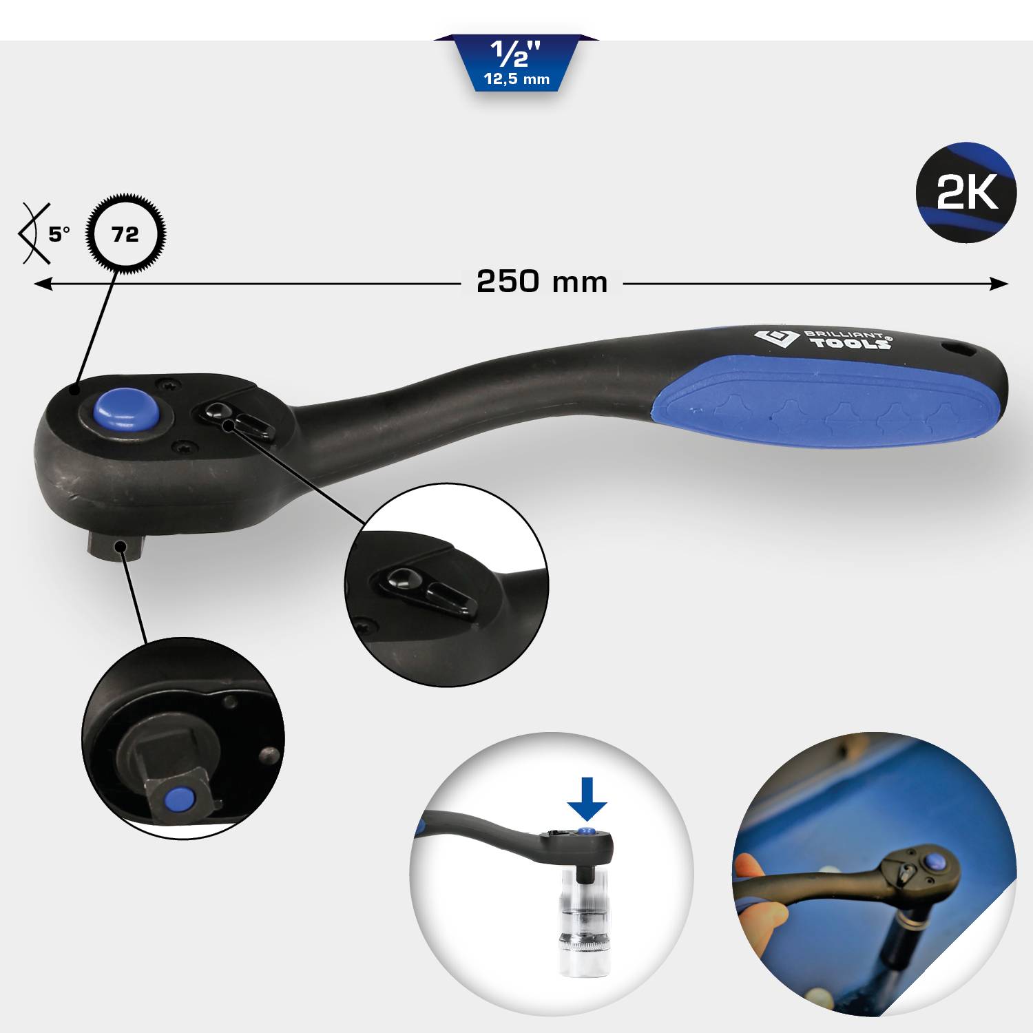 Grzechotka o długości 250 mm z przegubem 5-stopniowym. Przedstawia szczegóły złącza i instrukcję obsługi za pomocą strzałek.