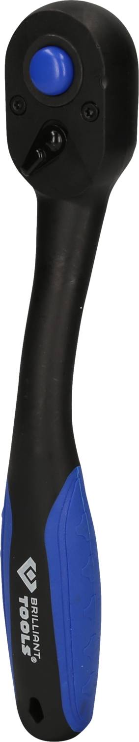 Grzechotka z niebiesko-czarnym uchwytem, odpowiednia do użycia z nasadkami klucza, wykazuje solidną budowę do prac majsterkowiczowskich.