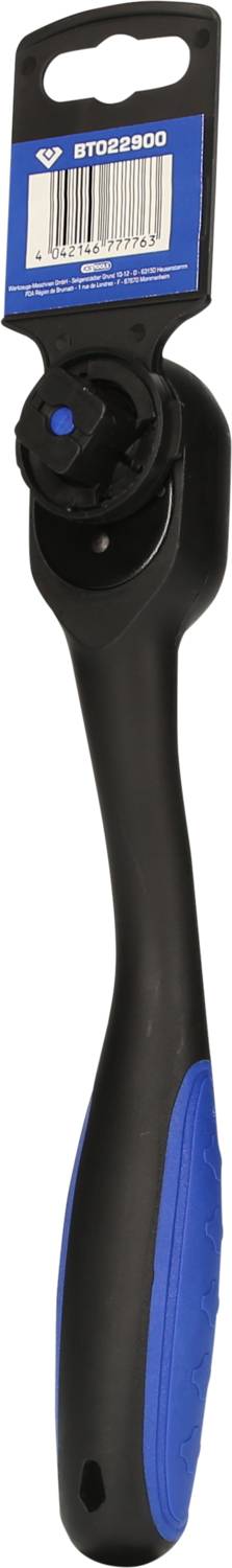 Czarny i niebieski klucz z grzechotką z kodem kreskowym na opakowaniu. Idealny do prac mechanicznych.